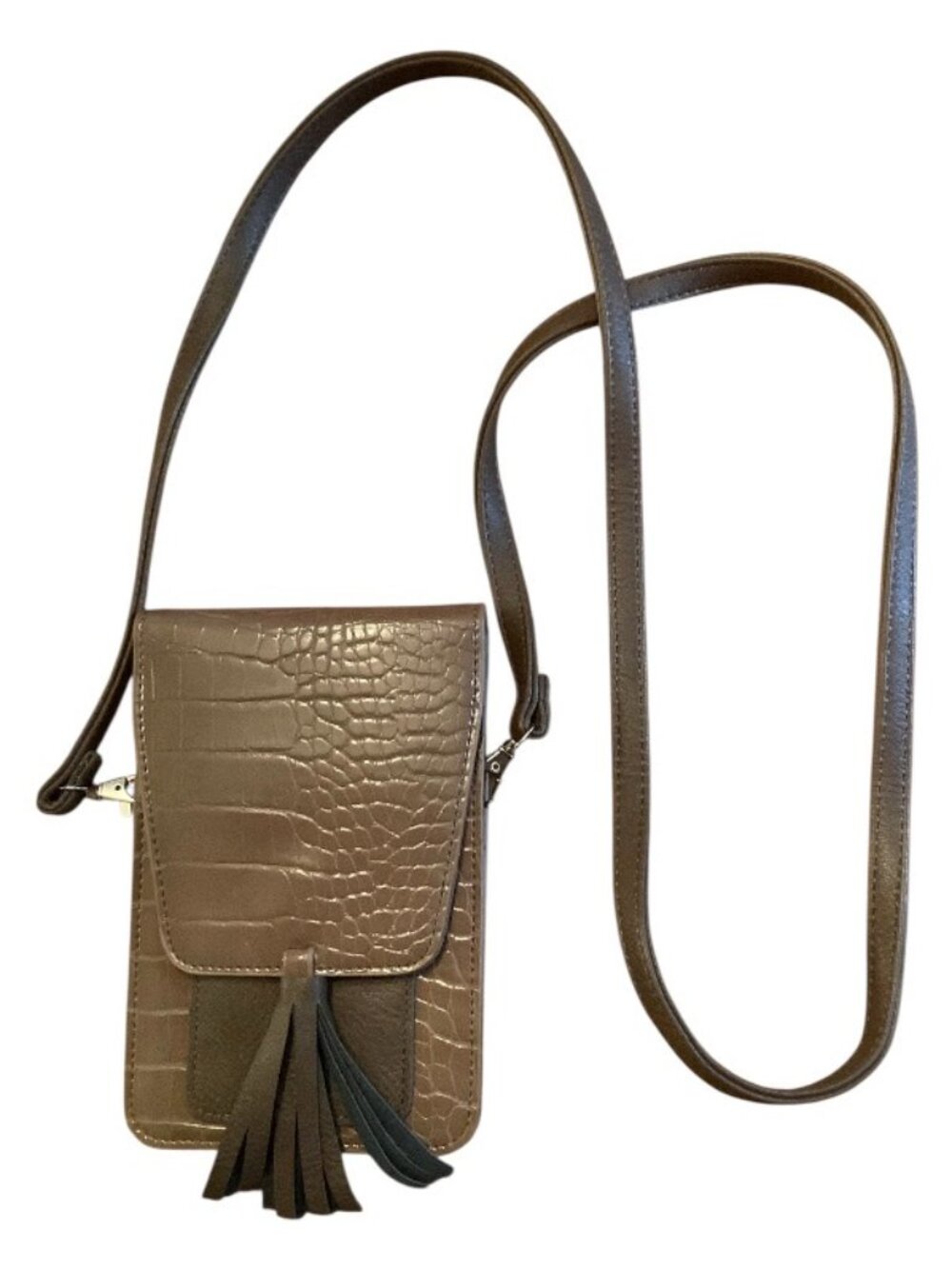 K Carroll Harper Crossbody bag in a         crocodile-embossed brown color